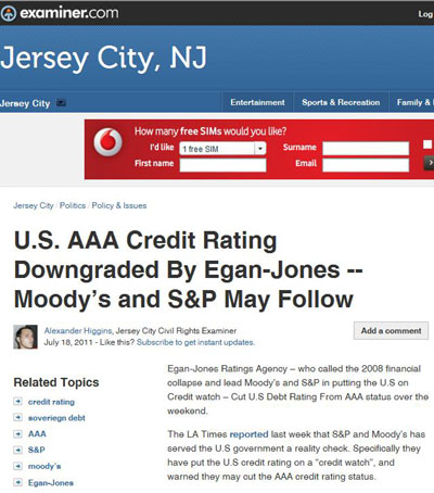 U.S. AAA Credit Rating Downgraded By Egan-Jones -- Moody's and S&P May Follow